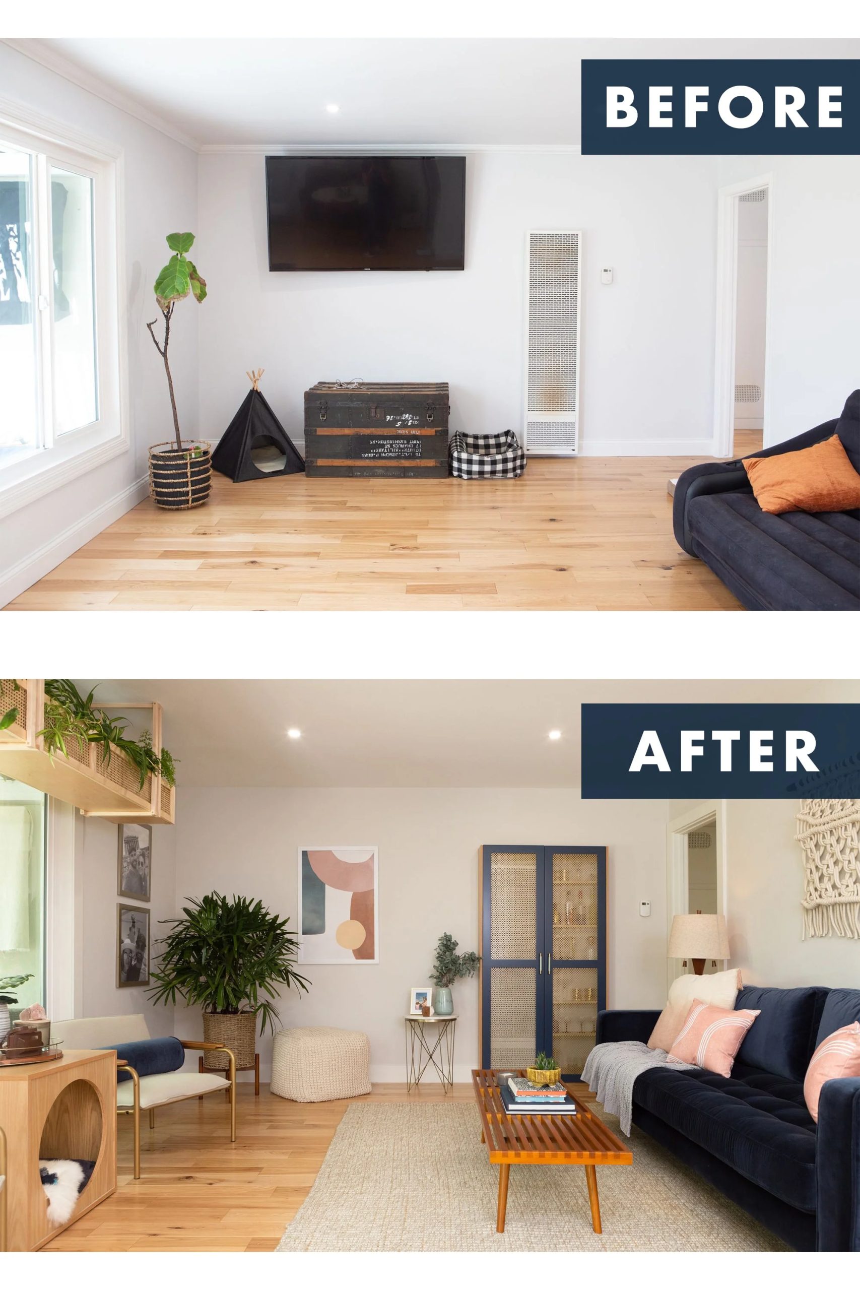 Before: Minimal living room with a TV, a dark chest, plant, and teepee. After: Thanks to Home Remodeling Boca Raton, the space is now bright and cozy with shelves, plants, artwork, a rug, coffee table, and a sofa with cushions and throw blanket.